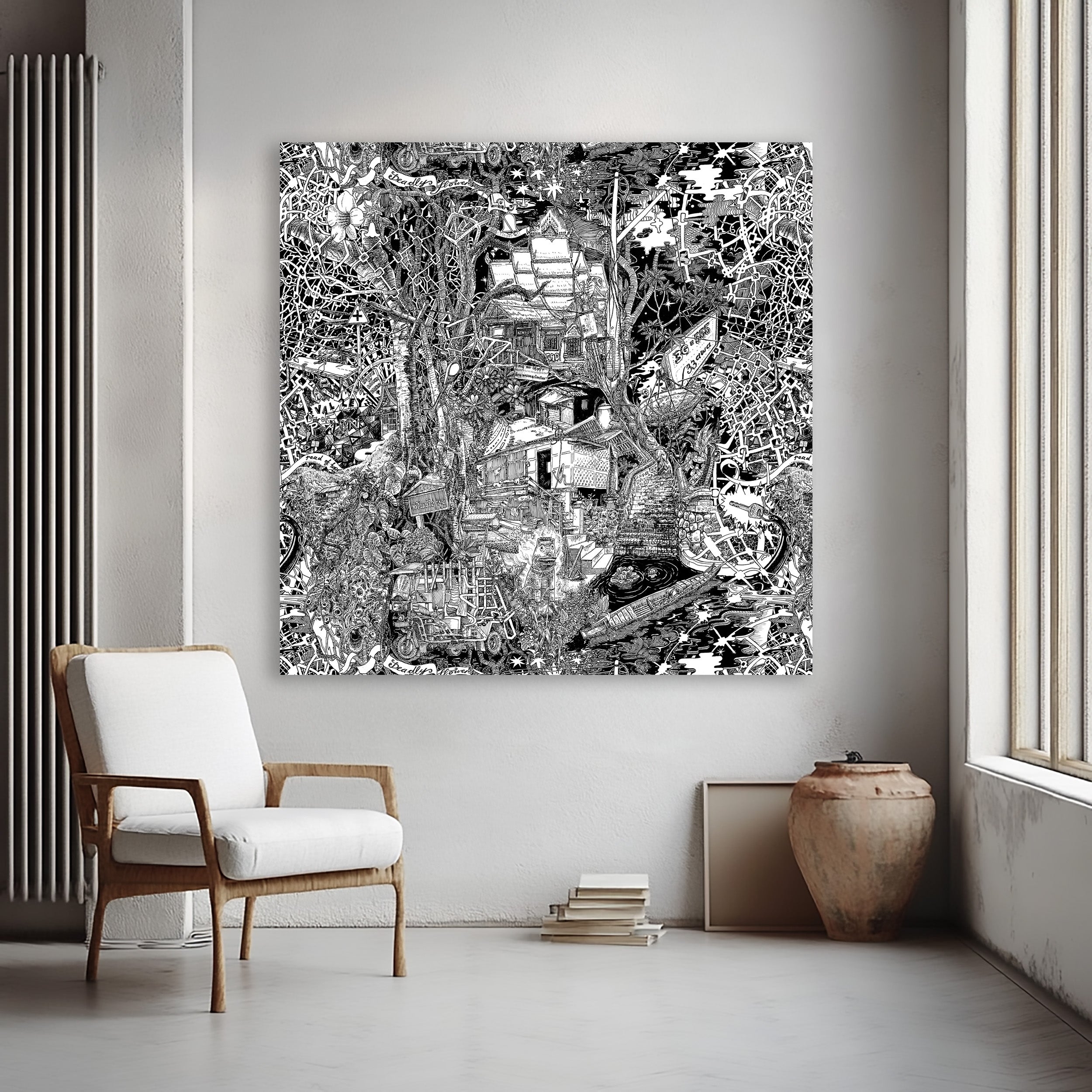 Oversized Laos artwork of Luang Prabang, combining jungle, traditional huts, and temples in a trippy black-and-white style.
