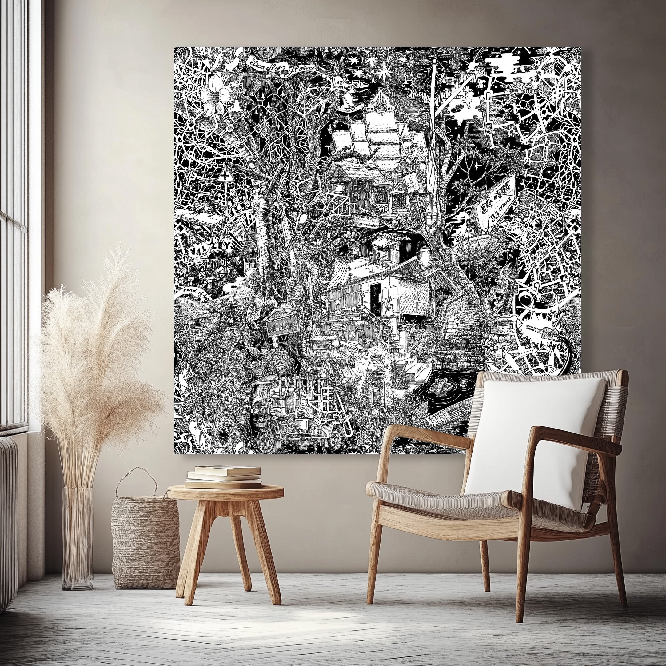 Massive black-and-white canvas of Luang Prabang, Laos, with forest plants, Laotian writing, and intricate jungle cityscape.