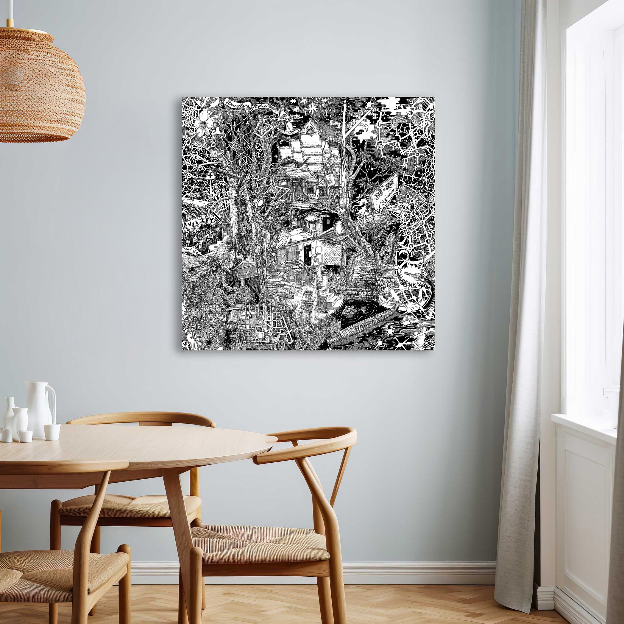 Hand-drawn black-and-white artwork of Luang Prabang, Laos, featuring temples, boats, Laotian writing, and a jungle cityscape.