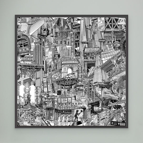 Black framed New York City canvas print on a green wall with details inspired by Grand Central Terminal, City Hall Park, Oculus and Lower Manhattan.