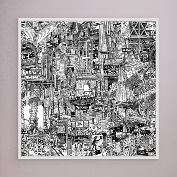 White framed black and white NYC wall art print with dense New York details inspired by Chinatown, Katz’s Delicatessen, Wall Street and subway stations.