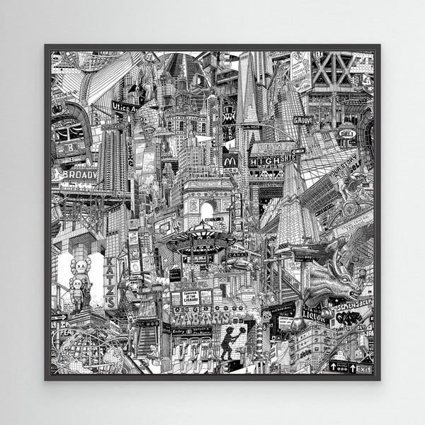 Framed black and white NYC illustration print with dense New York buildings, subway entrances, street signs and urban details.
