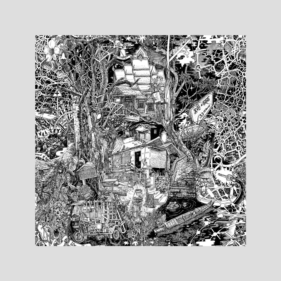 Laos fine art poster, unframed – hand-drawn black and white Luang Prabang wall art print