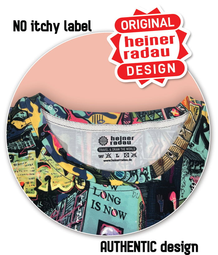 Berlin all over print T-shirt back view hanging on a wooden hanger