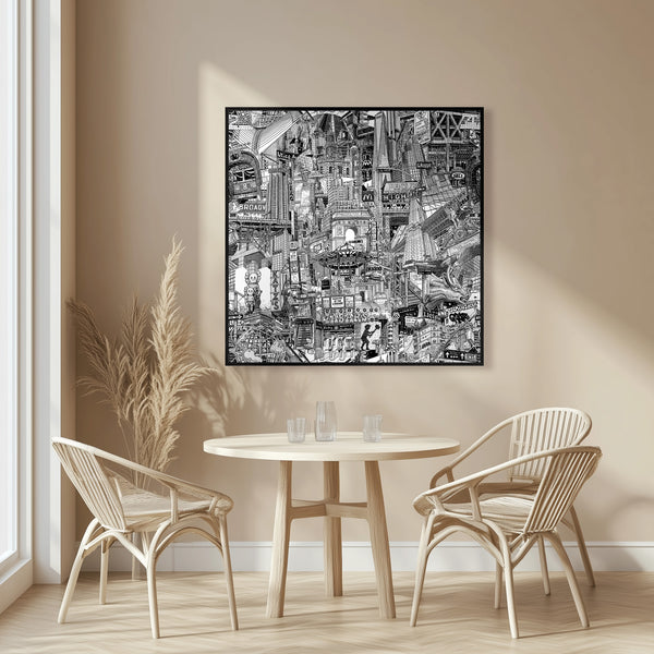 Framed black and white NYC canvas print above a dining table, modern New York wall decor with Grand Central, Oculus and downtown references.