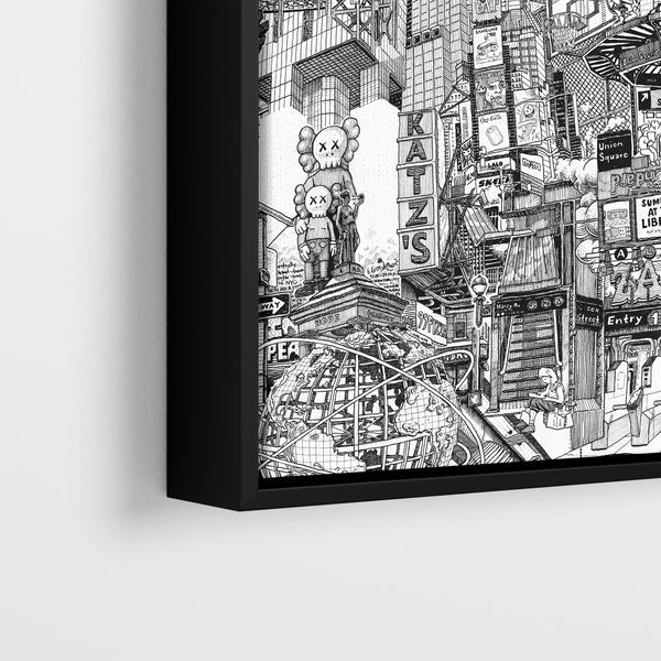 Close-up of a black framed NYC canvas print with Katz’s, KAWS, Unisphere, subway signs and detailed black ink city line art.