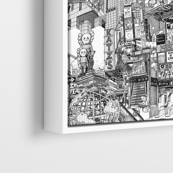 White framed NYC canvas print detail with Katz’s, KAWS, Unisphere, subway references and dense black ink line art.