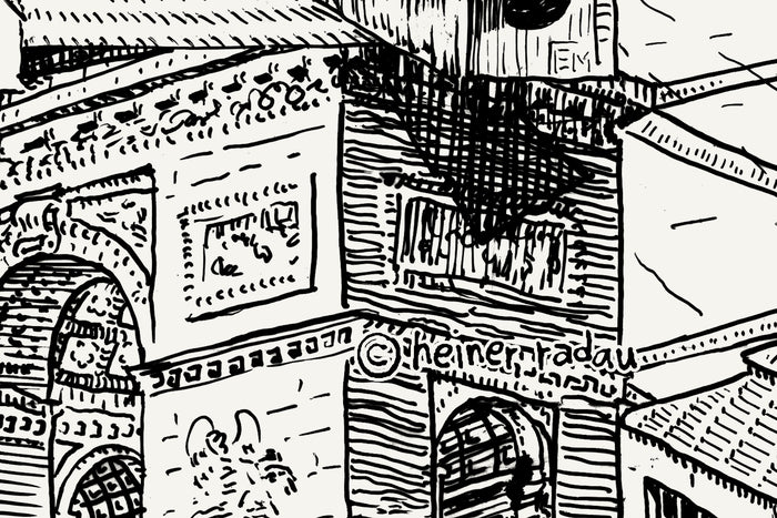 Close-up of the Paris ink drawing with the hand-written © heiner radau signature in the lower right corner