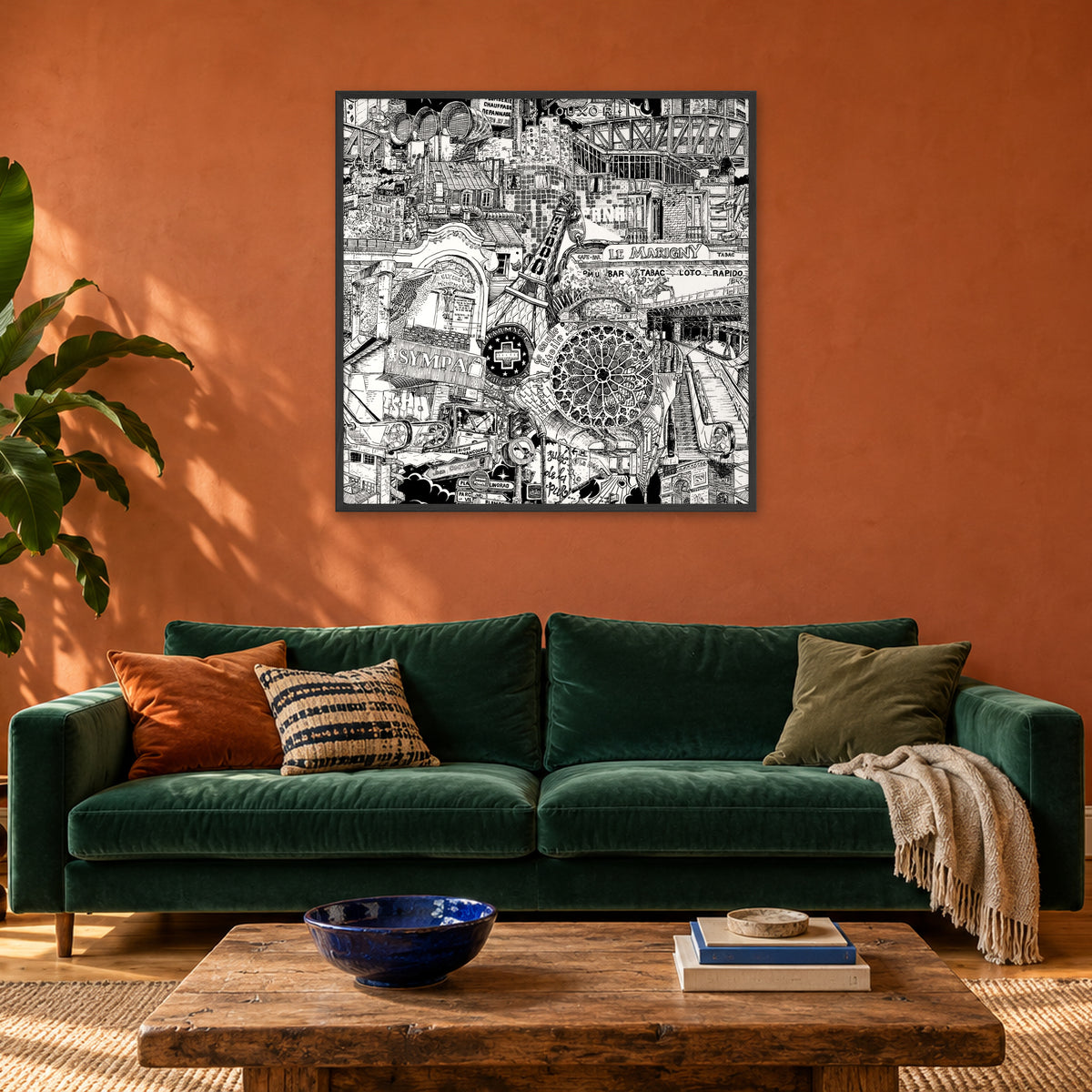 Paris fine art poster 100 × 100 cm in a black wood frame above a green velvet sofa in a terracotta living room