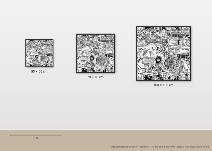 Size comparison of the Paris fine art poster in 50 × 50, 70 × 70 and 100 × 100 cm, to scale on a wall