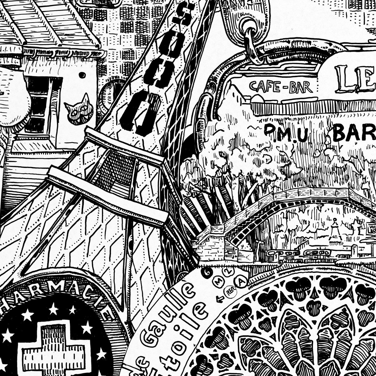 Close-up of the Paris pen and ink drawing printed on matte 230 g/m² fine art paper