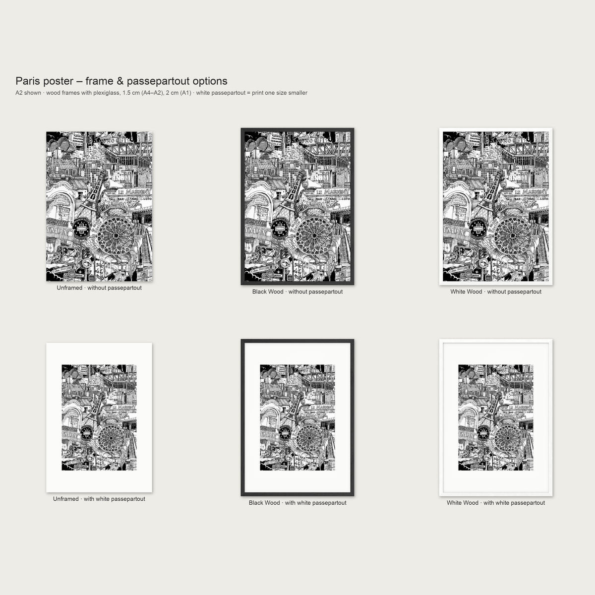 Frame and passepartout options for the Paris portrait poster: unframed, black wood or white wood, with or without white passepartout
