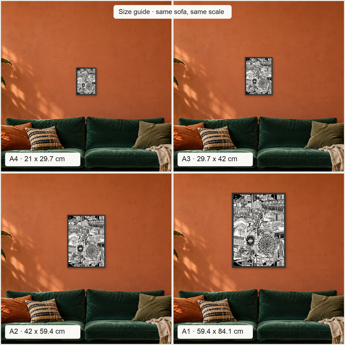 Size guide: Paris portrait poster in A4, A3, A2 and A1 above the same sofa, to scale