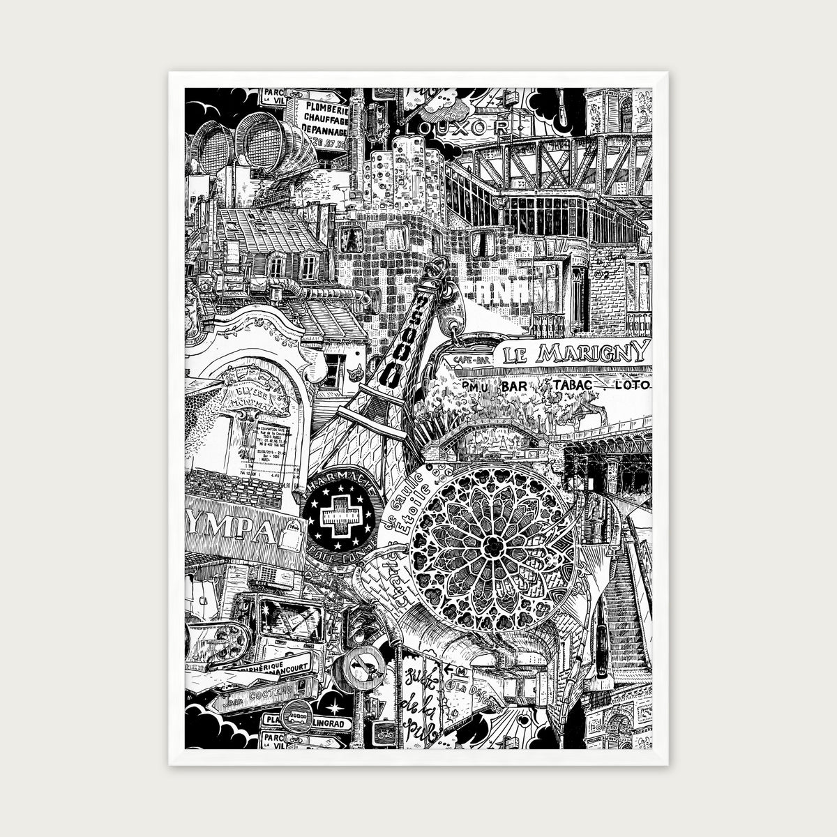Paris fine art poster portrait in a white wood frame with plexiglass