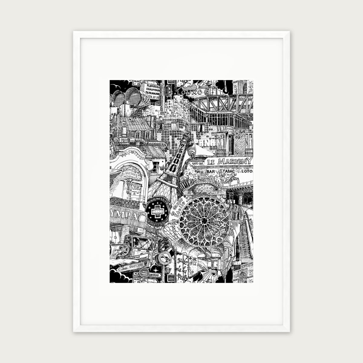 Paris fine art poster portrait in a white wood frame with a white passepartout