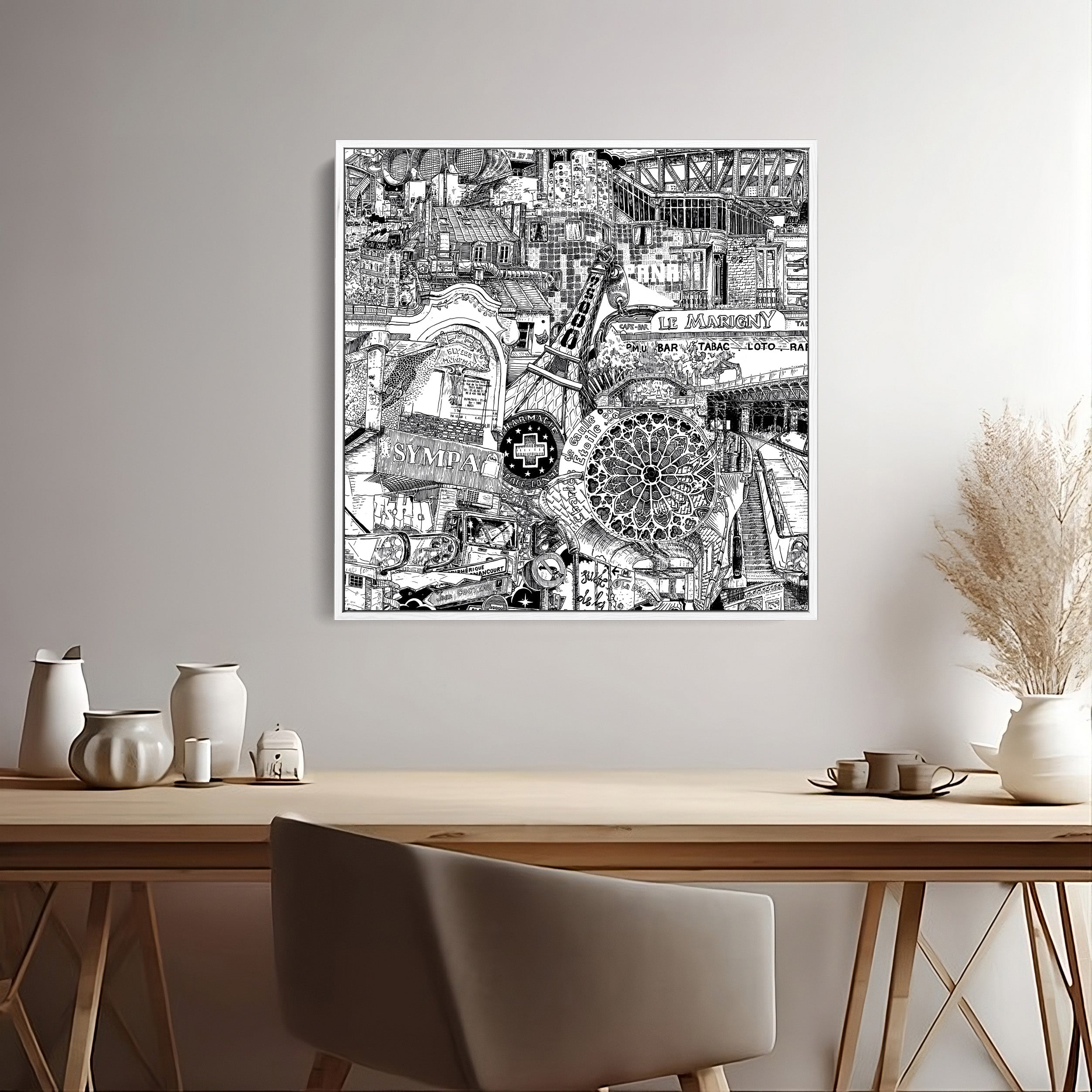 Œuvre de Paris encadrée en blanc, dessinée à l’encre et au stylo plume, capturant des monuments comme la Tour Eiffel et des coins cachés pour une décoration épurée.