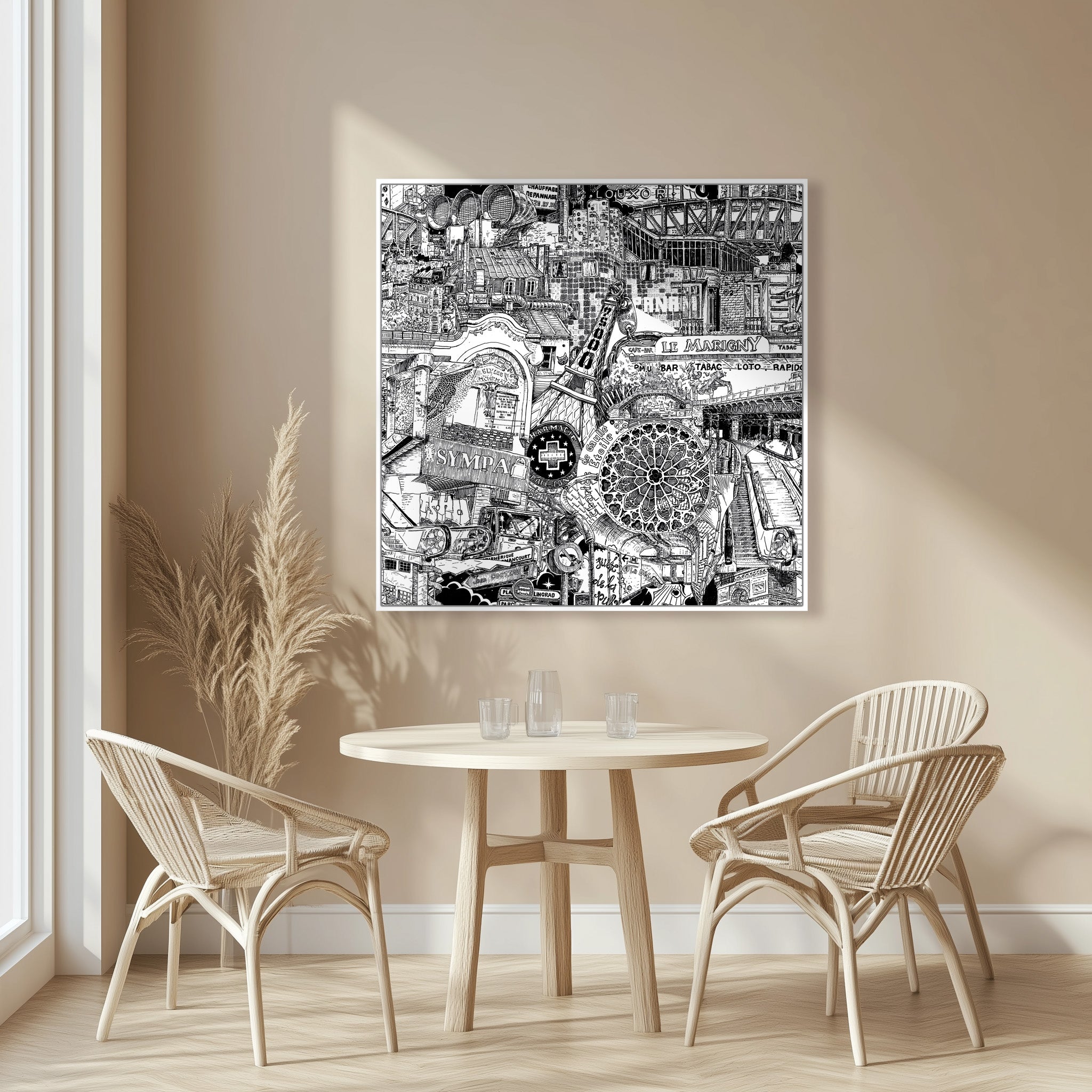 Œuvre artiste urbain parisienne dessinée à la main, encadrée en blanc, alliant élégance et détails uniques pour les amateurs de décoration minimaliste.