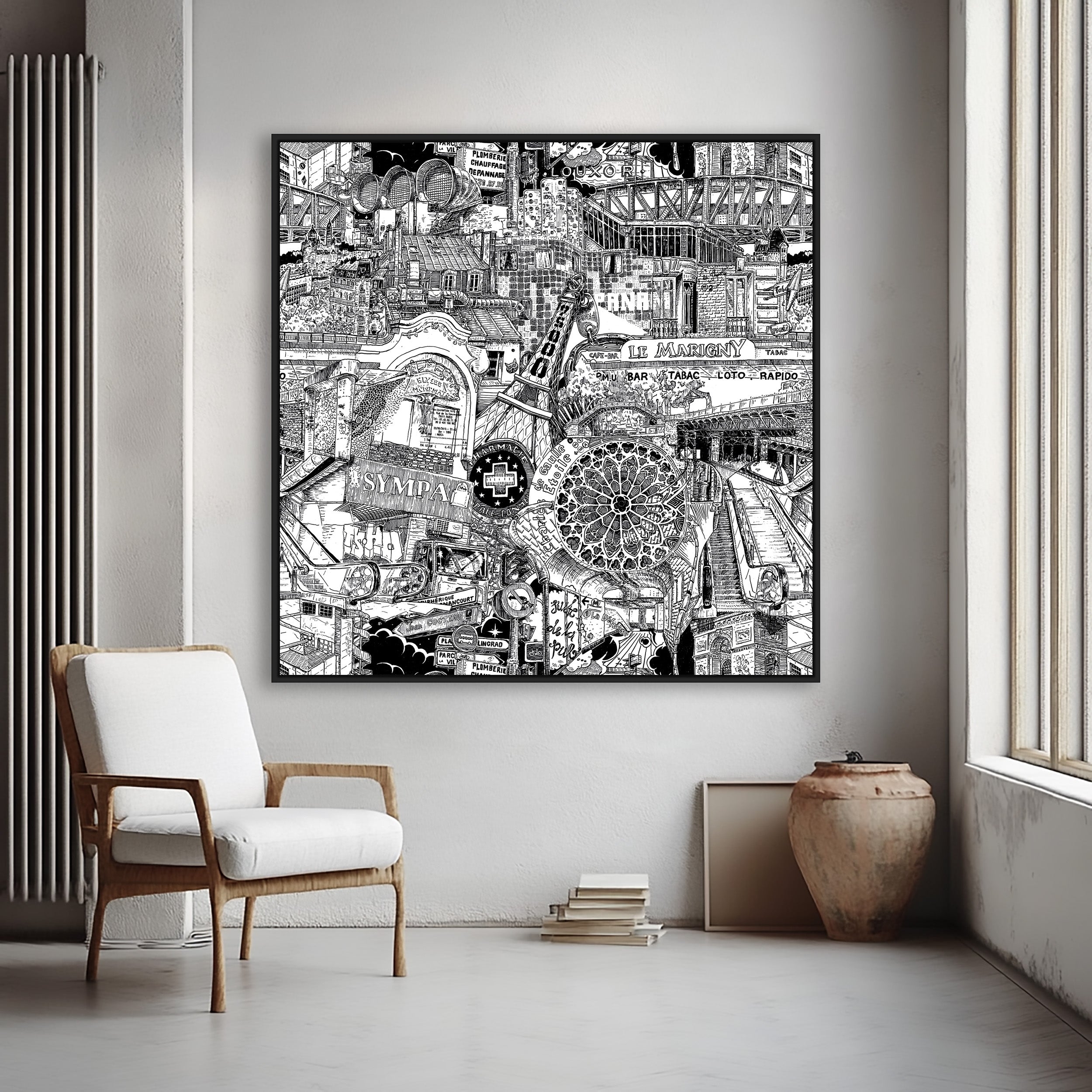 Œuvre encadrée noir, capturant l’esprit de Paris entre le luxe du Sacré-Cœur et les scènes vibrantes de la banlieue.