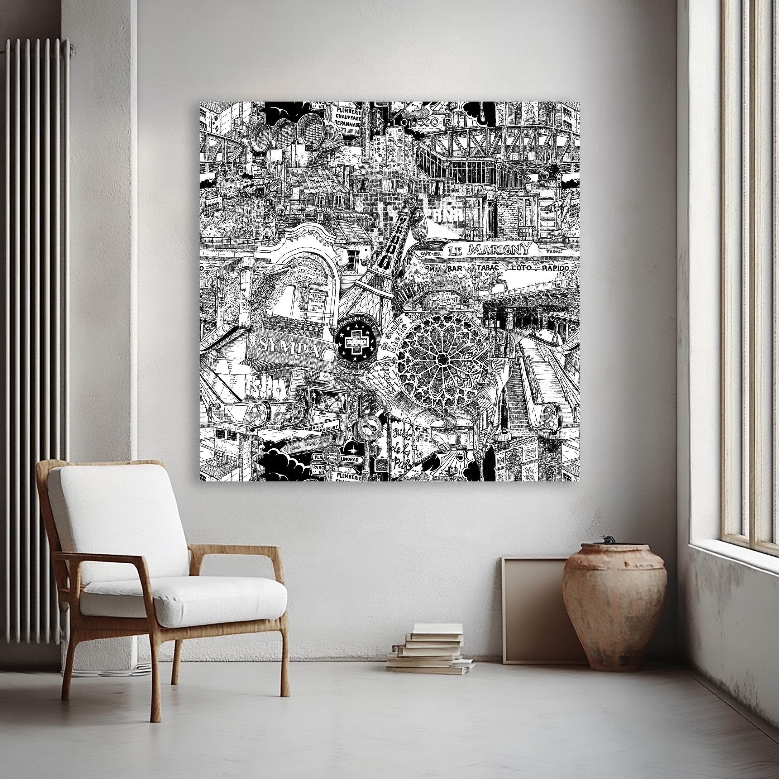 Grande toile de Paris, un collage en noir et blanc alliant art de rue, monuments historiques et détails modernes pour un intérieur stylé.