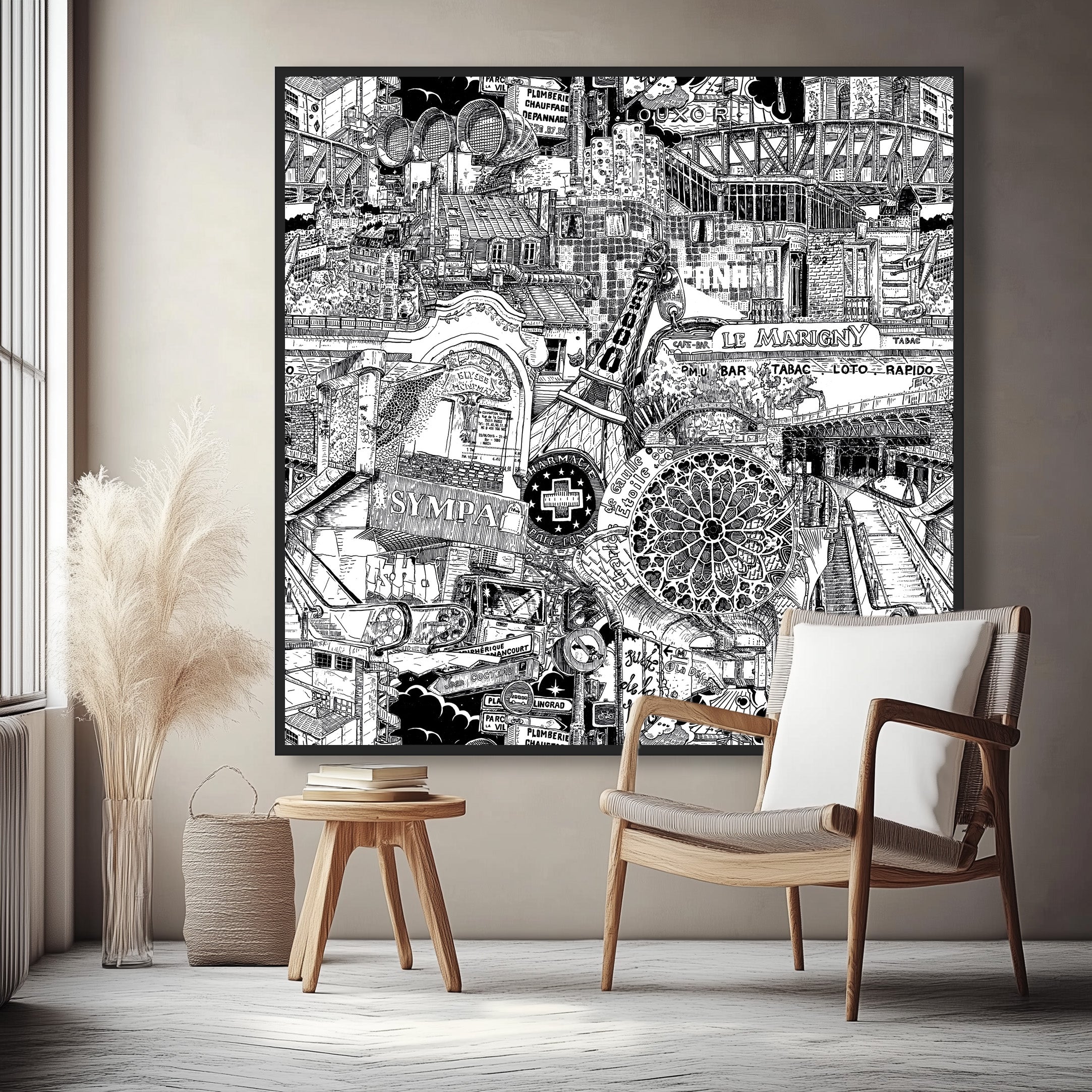 Œuvre encadrée noir de Paris, en grand format, représentant des monuments emblématiques et des scènes de rue pour une ambiance artistique.