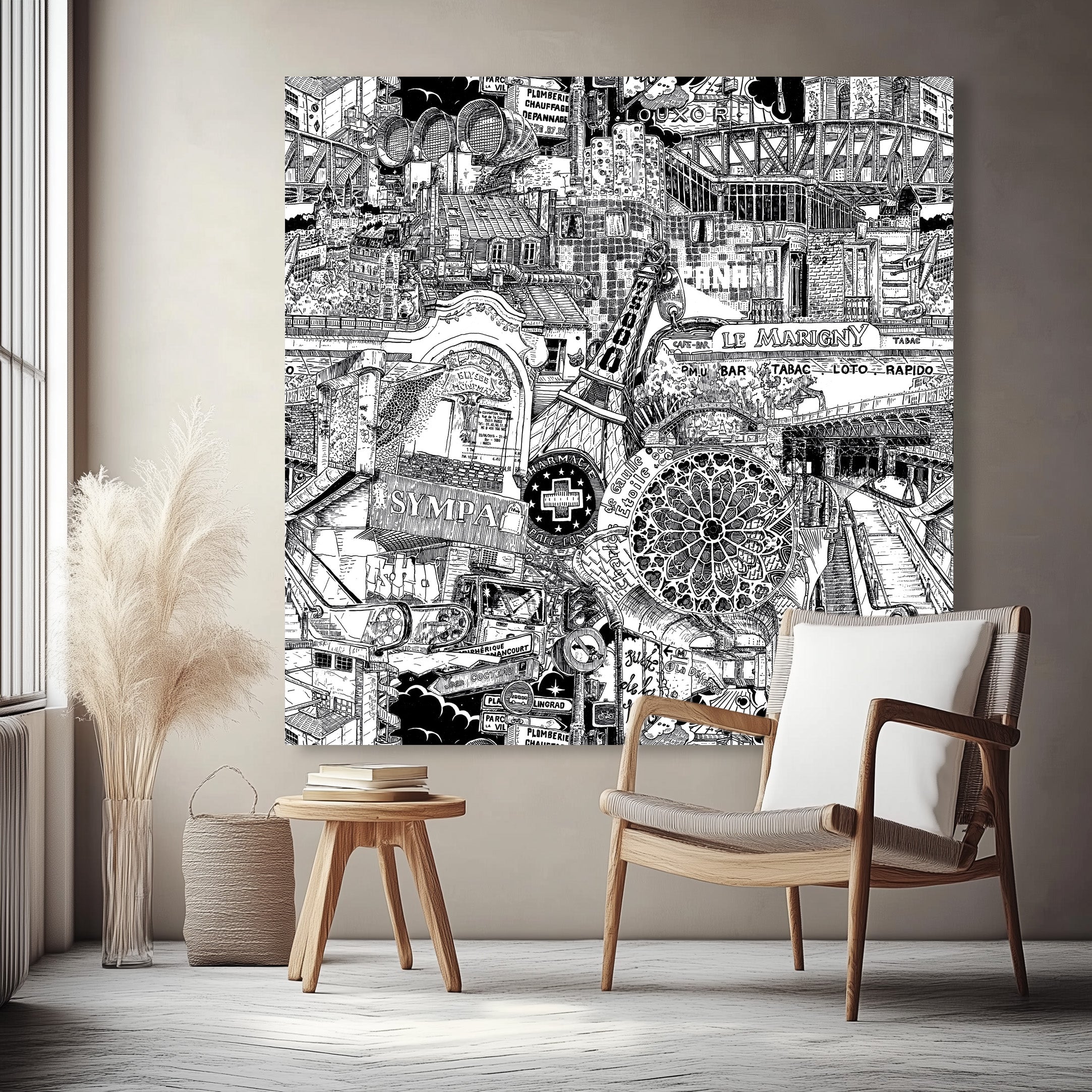 Immense tableau parisien, fusionnant les symboles du luxe et des quartiers authentiques comme le métro, parfait pour une décoration audacieuse.
