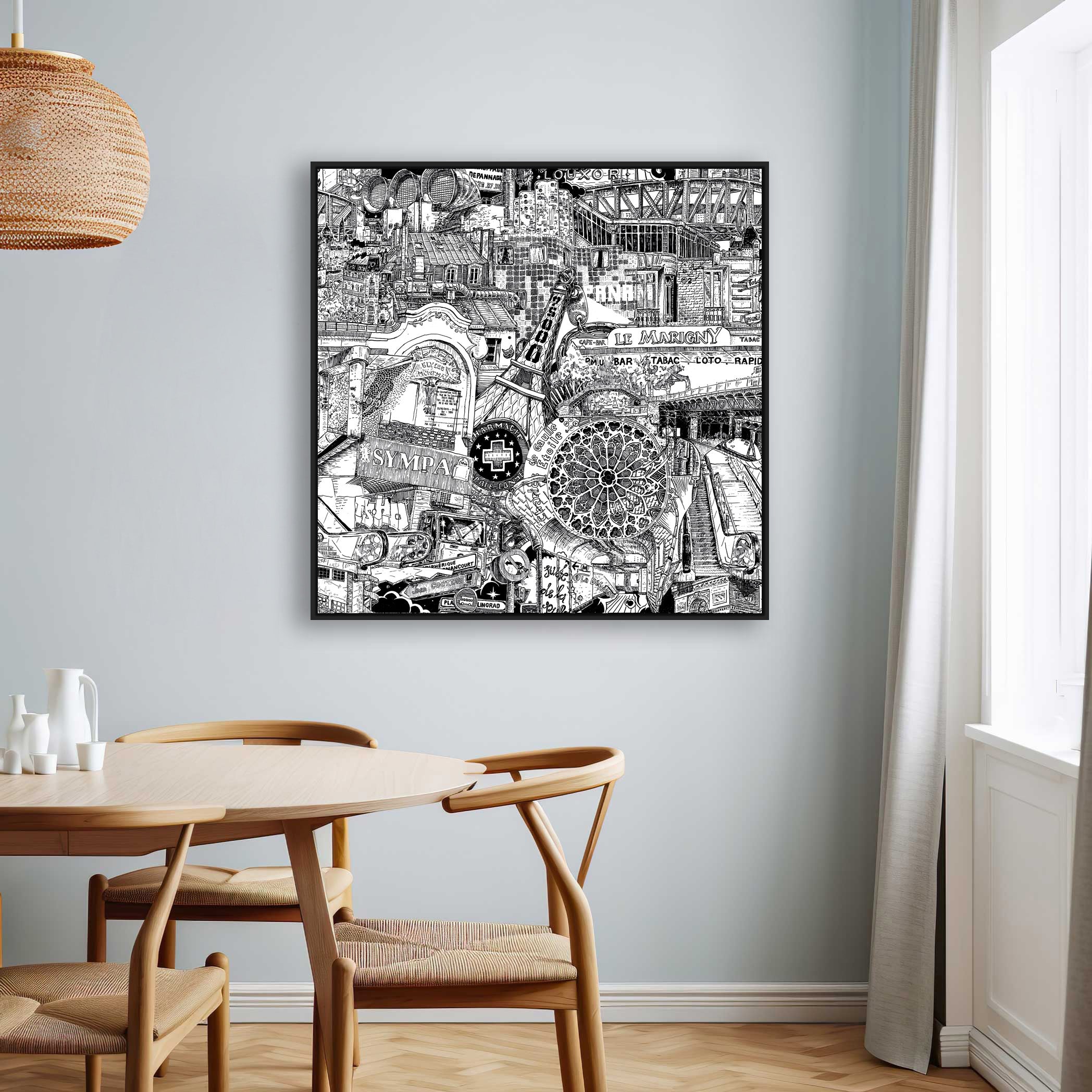 City artwork of Paris urban landscapes and highlights, hand-drawn with ink and fountain pen, perfectly fitting into a modern urban explorer’s home.