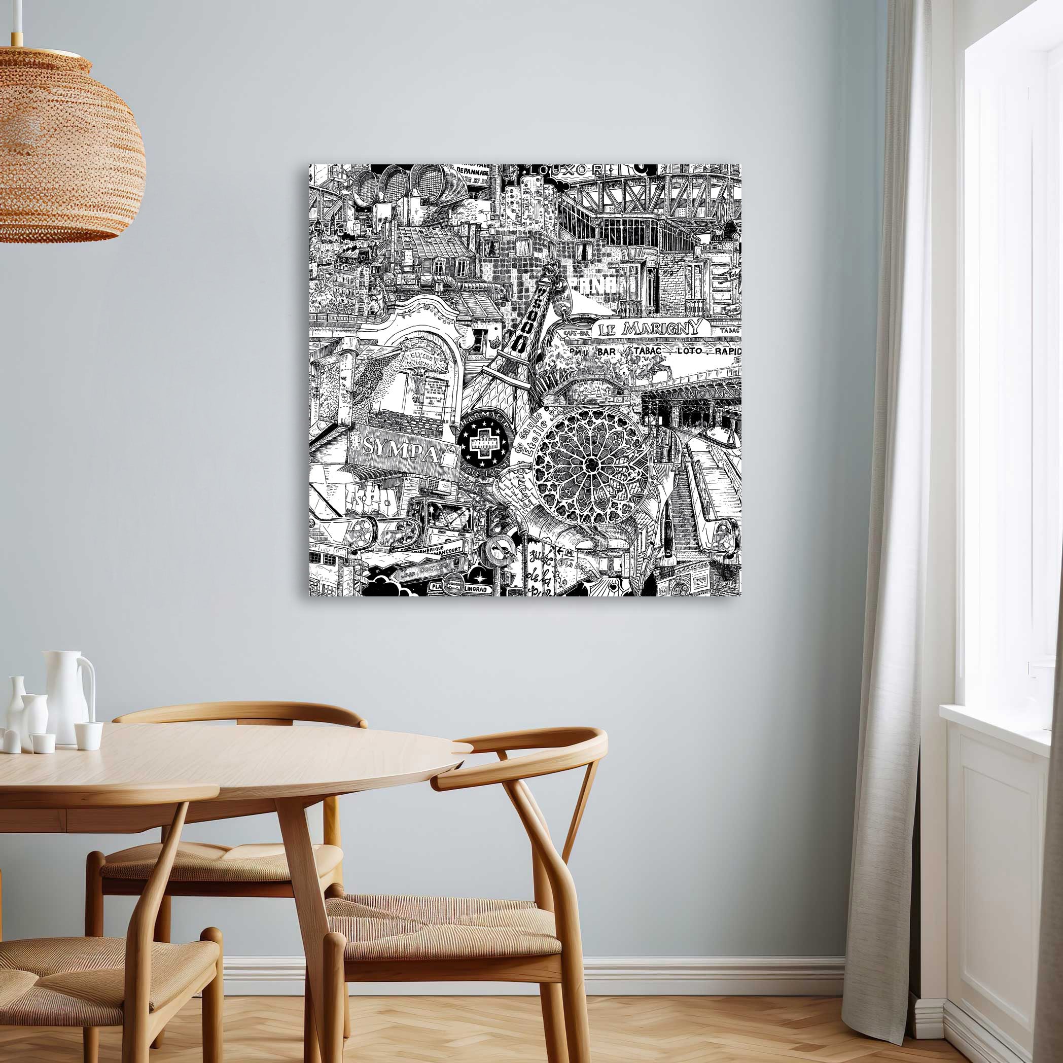 Grand tableau en noir et blanc de Paris, un mélange vivant de graffiti, d’architecture emblématique et de culture locale, parfait pour les espaces urbains
