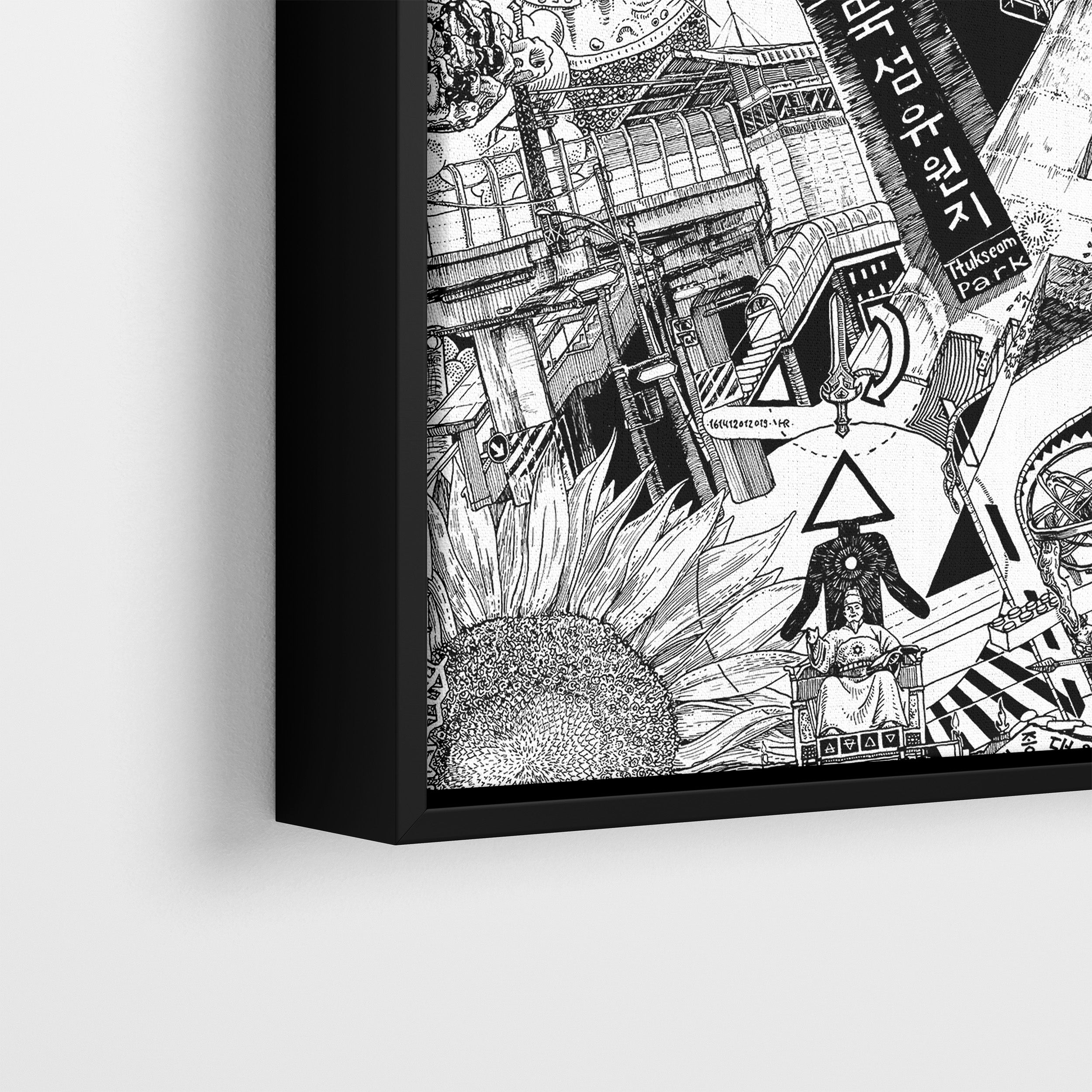 Close-up of Seoul canvas in a black frame, showcasing intricate urban art details of King Sejong statue, Korean lettering, bridges, and a sunflower.