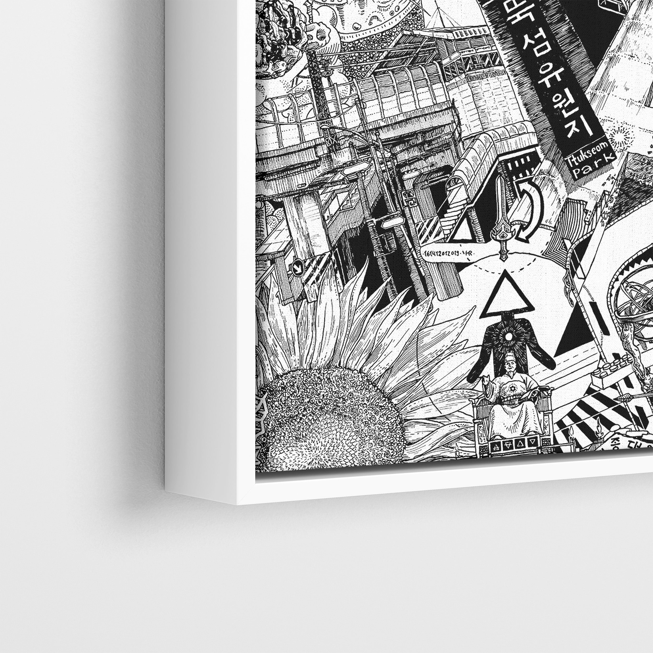 Close-up of Seoul canvas in a white frame, featuring King Sejong statue, Tukseom Park subway writing, bridges, and a sunflower in black-and-white street art style.