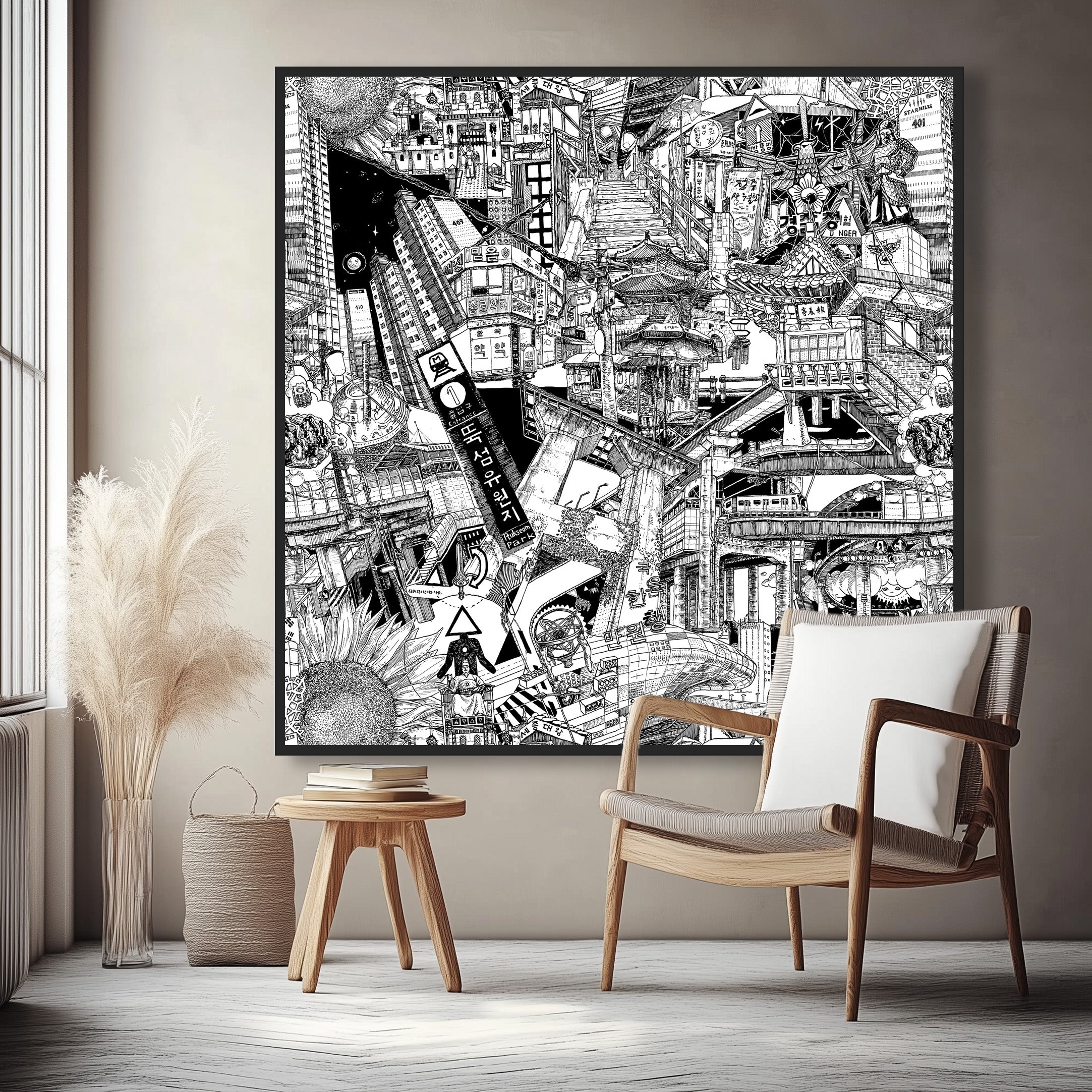 Huge black-and-white canvas artwork with a black frame featuring a collage of Seoul’s urban landscapes, skyscrapers, writings, and other iconic touristic highlights from South Korea.