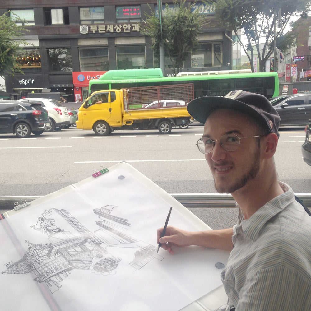 Drawing by the road in Seoul – Heiner Radau, Travel & Draw Seoul