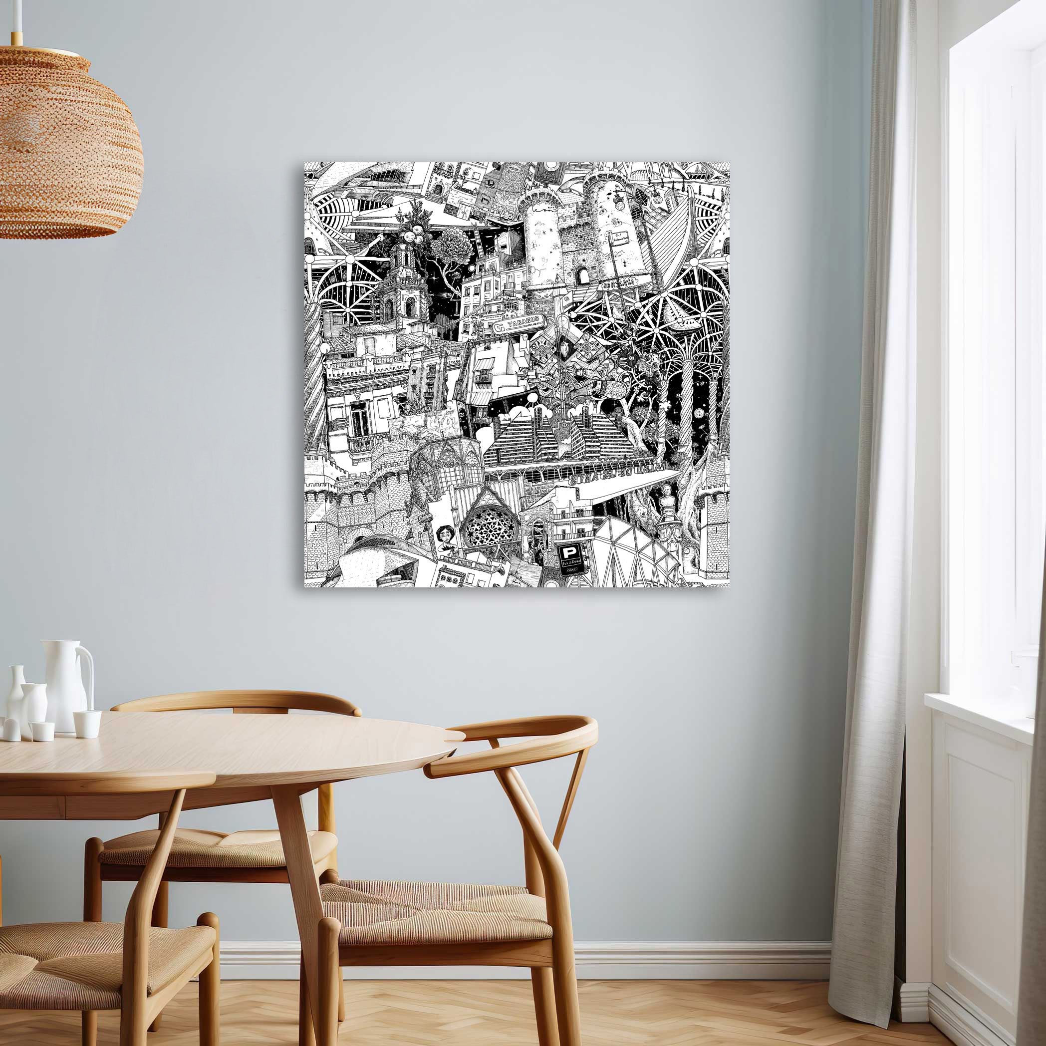 Black-and-white Valencia canvas, with street art from the inner city, the Cat House, and iconic landmarks like Torres de Quart.