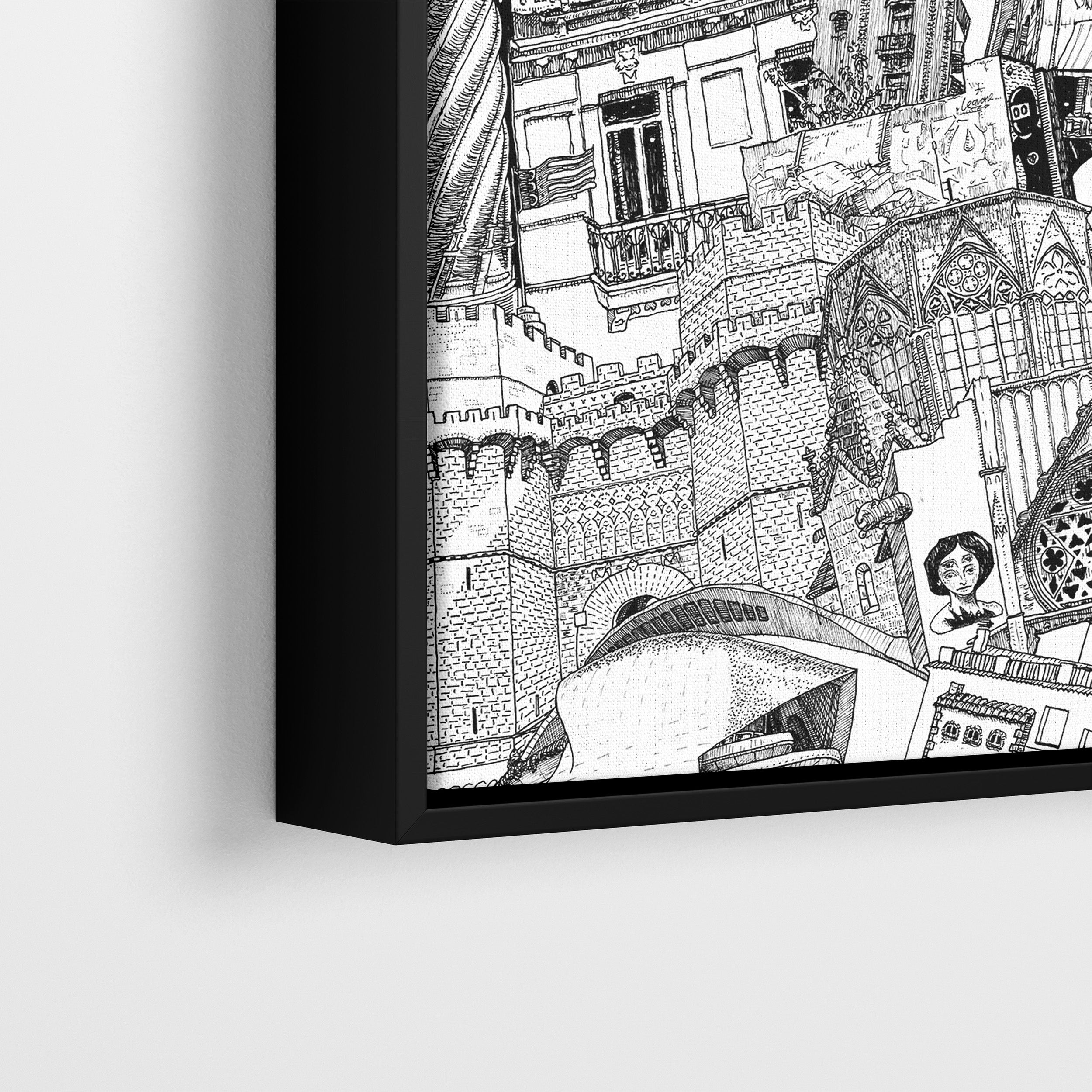 Close-up of Valencia canvas in a black frame, showcasing intricate graffiti, Torres de Serrano, and detailed street art.