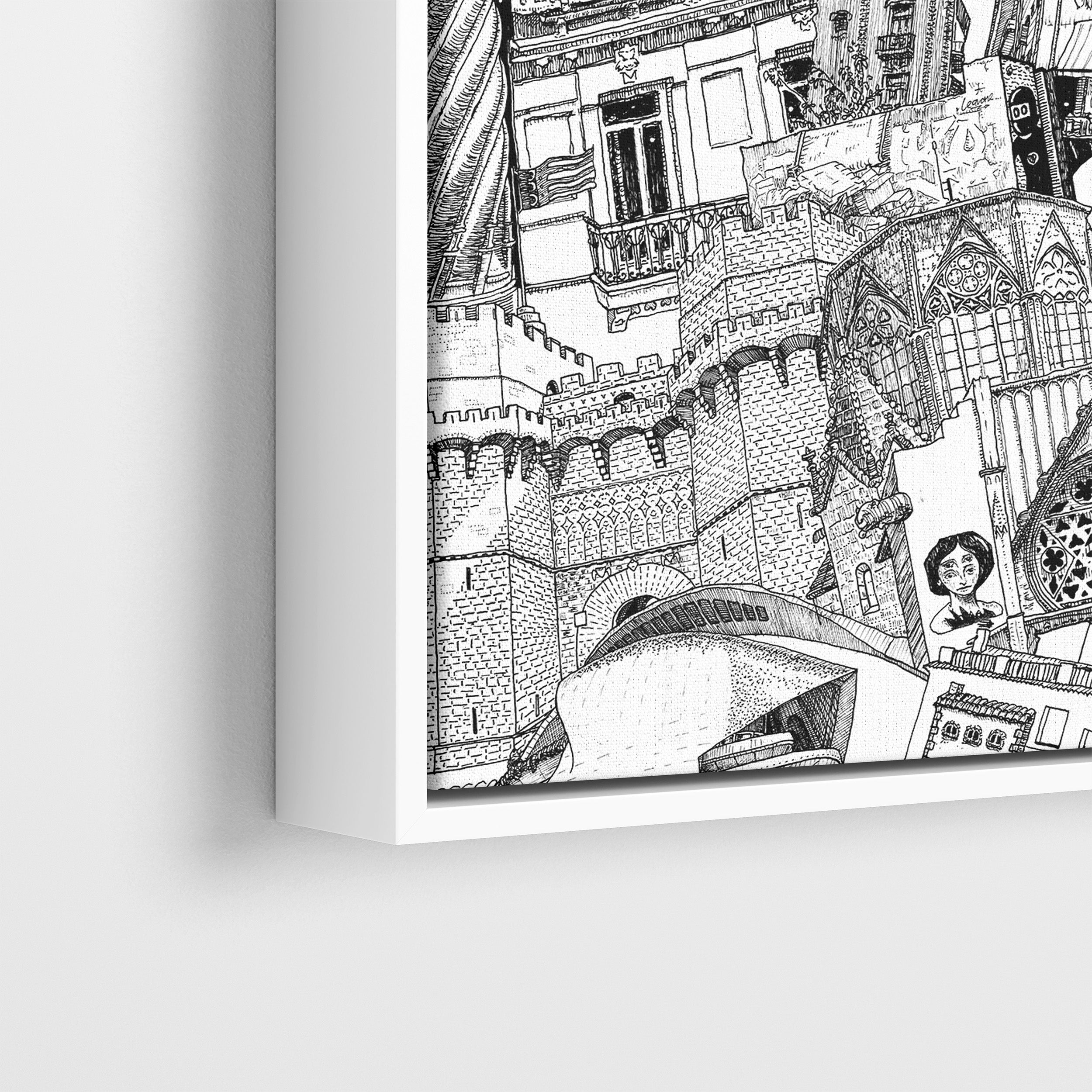 Close-up of Valencia canvas in a white frame, featuring vibrant graffiti, Miguelete Tower, and authentic urban street art details.