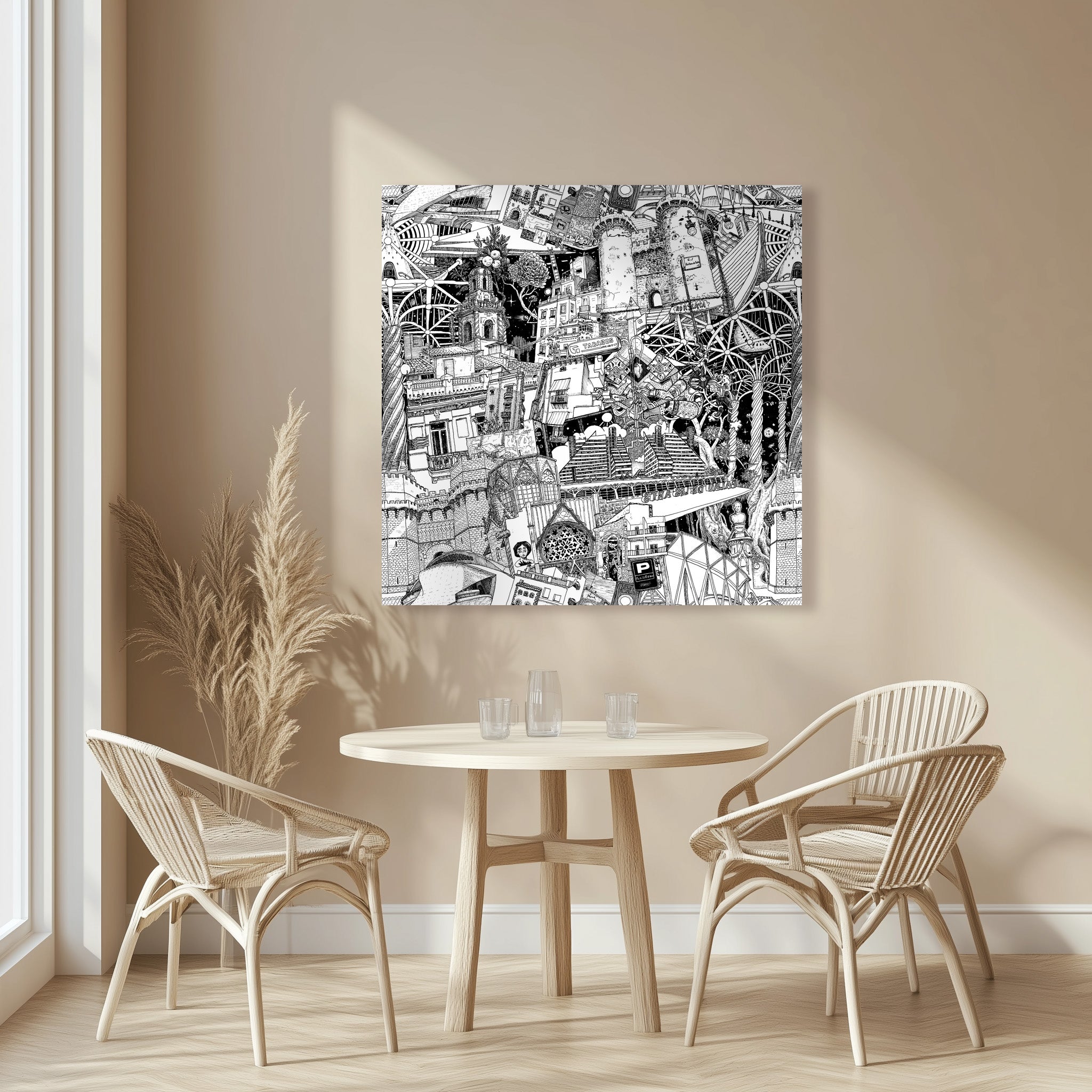 Large Valencia canvas, hand-drawn, featuring authentic city details, graffiti, Torres de Serrano and urban street art from David de Limone.