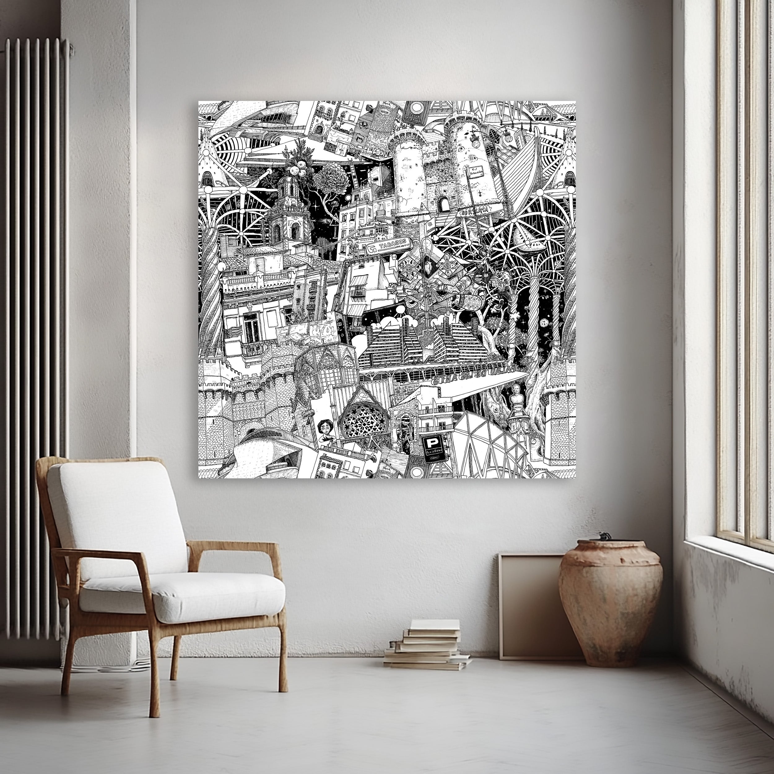Oversized Valencia cityscape artwork, with landmarks like the Palau de les Arts, both Gate towers, and authentic graffiti in black and white.