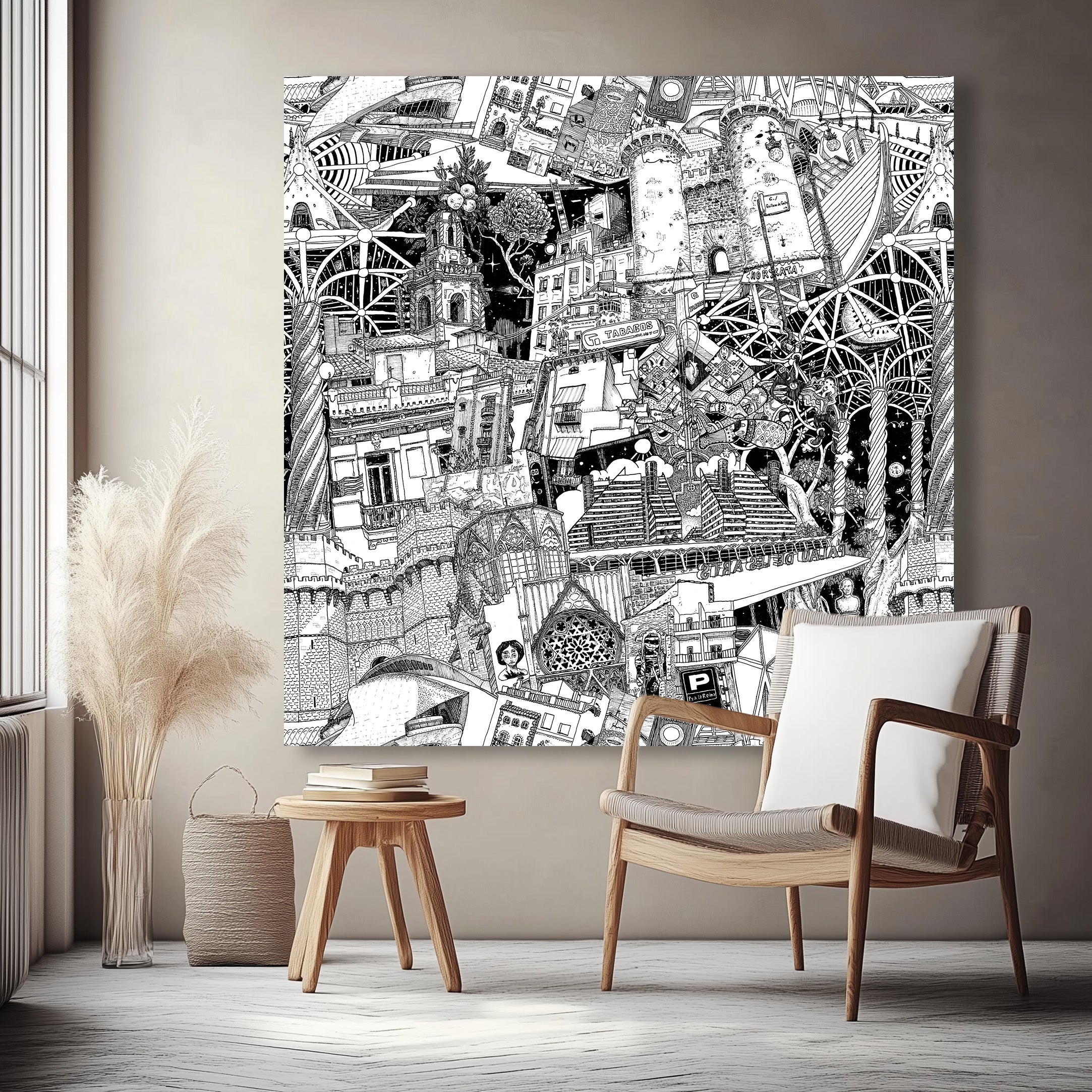 Massive Valencia artwork, hand-drawn in black and white, capturing authentic souvenirs, graffiti, and the city’s iconic skyline.