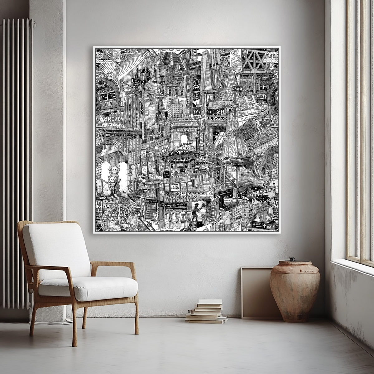 Large New York City canvas print on a gray living room wall, detailed black and white urban art for modern home decor.