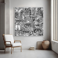Large New York City canvas print on a gray living room wall, detailed black and white urban art for modern home decor.