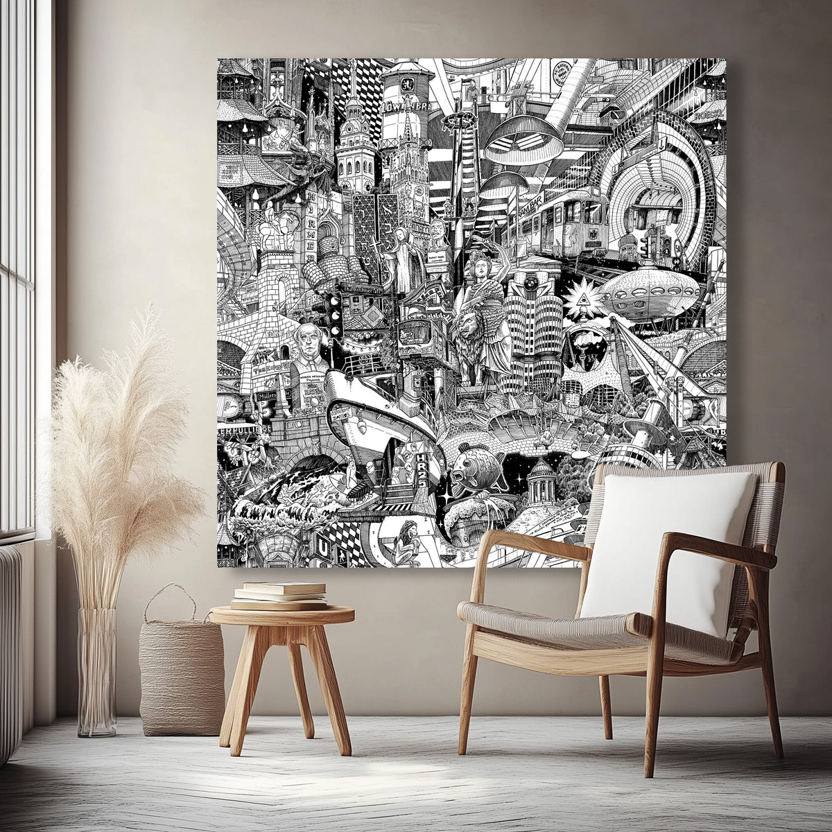 Grossformatiger 135cm Muenchen-Canvas an einer beigen Wohnzimmerwand mit Lounge-Sessel und Pampasgras — Statement handgezeichneter schwarz-weisser Stadtkunst fuer grosszuegige Wohnraeume.
