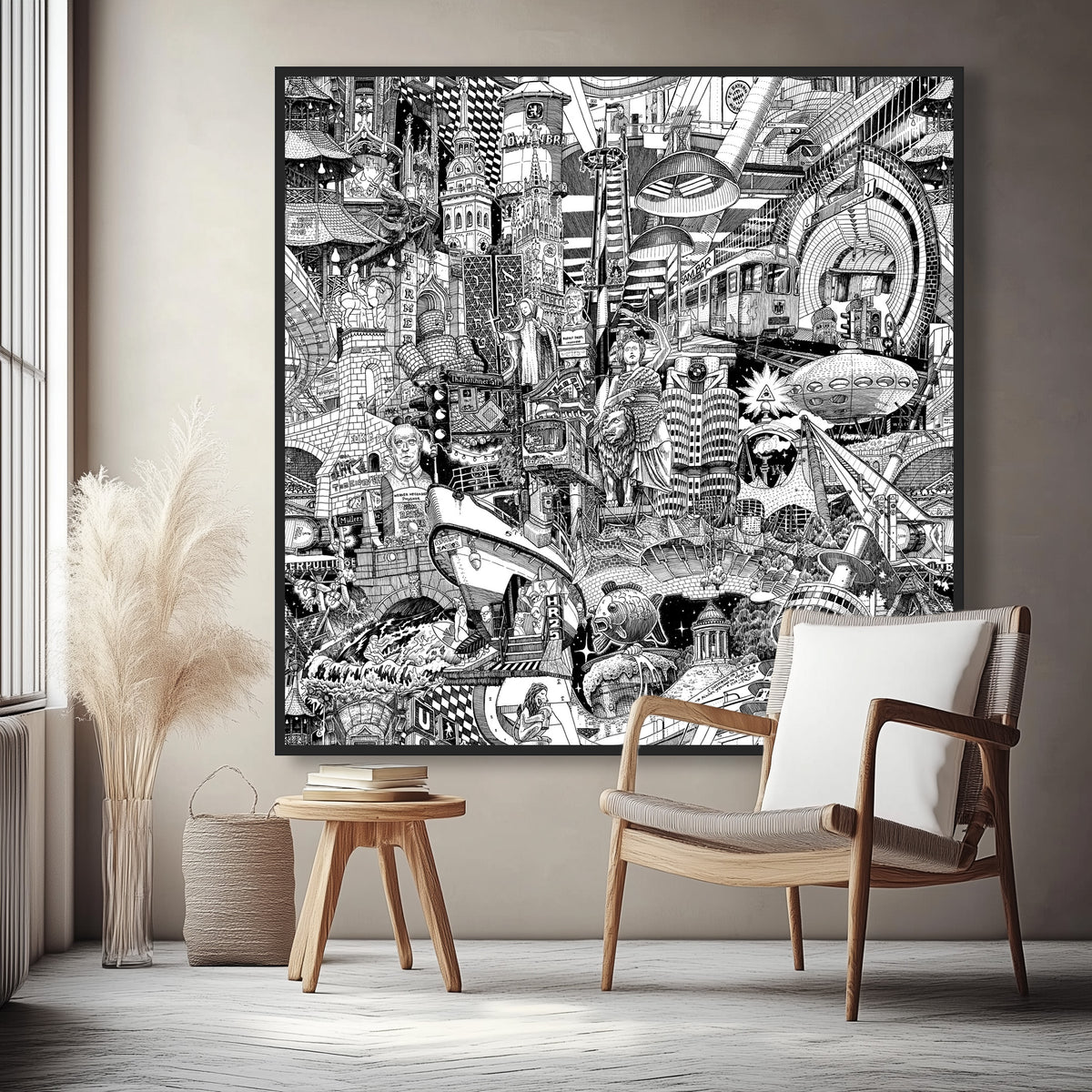 Grossformatiger 135cm schwarz gerahmter Muenchen-Canvas an einer beigen Wohnzimmerwand — Statement handgezeichneter Stadt-Collage fuer moderne Raumgestaltung.
