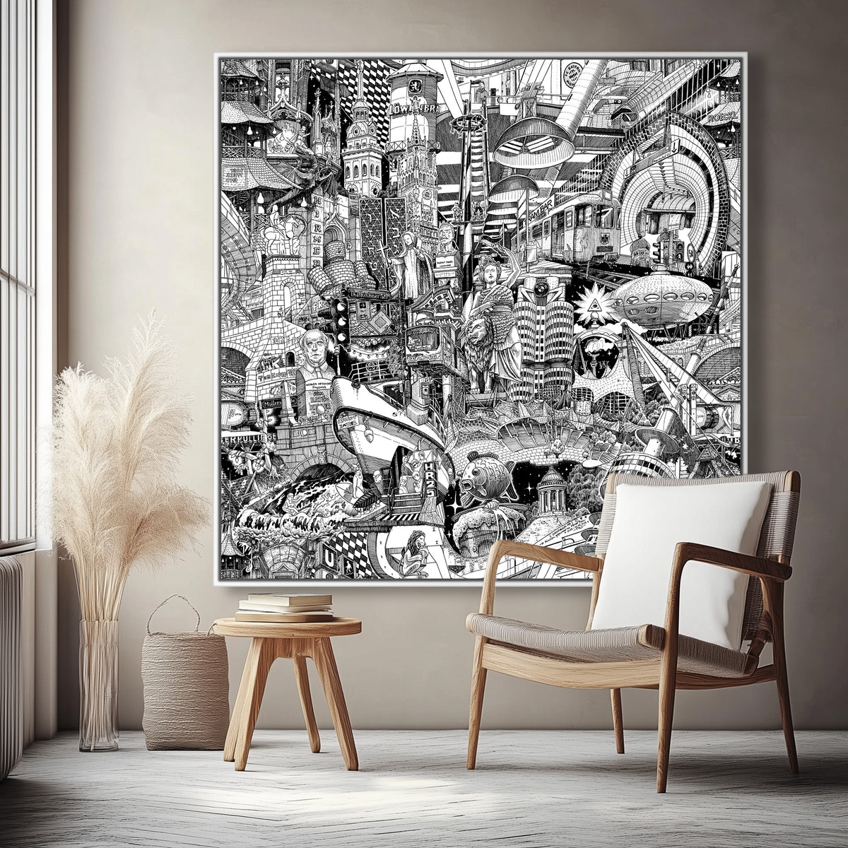 Grossformatiger 135cm weiss gerahmter Muenchen-Canvas an einer beigen Wohnzimmerwand — handgezeichnete schwarz-weisse Stadtkunst fuer minimalistisches Interior Design.