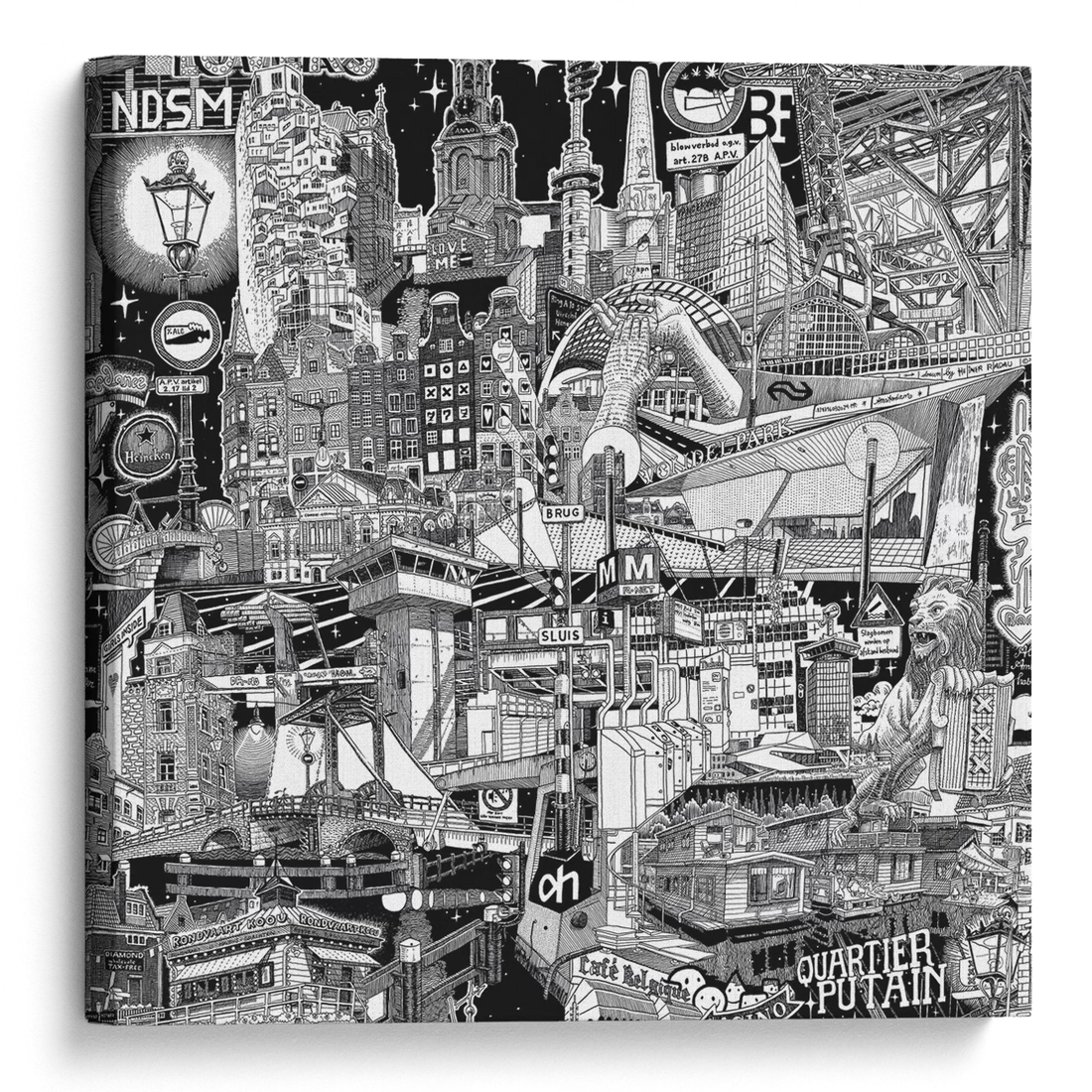 Angled view of the Amsterdam canvas artwork, a hand-drawn black-and-white cityscape with iconic Dutch architecture, canals and street scenes.