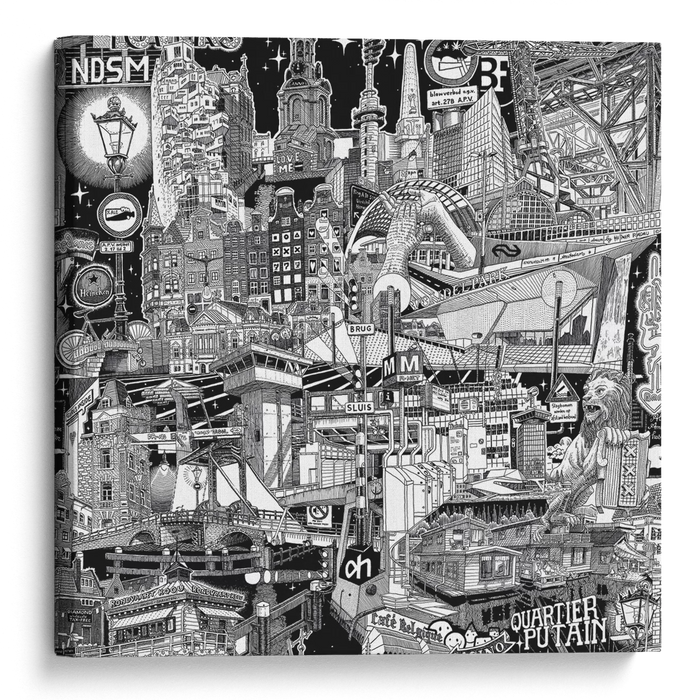 Angled view of the Amsterdam canvas artwork, a hand-drawn black-and-white cityscape with iconic Dutch architecture, canals and street scenes.