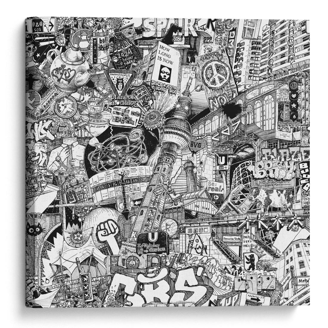Black and white Berlin canvas print showing a hand-drawn city collage with Zentrum Kreuzberg, U2 Zoologischer Garten, Kater Blau, S42 Ring and street art details.