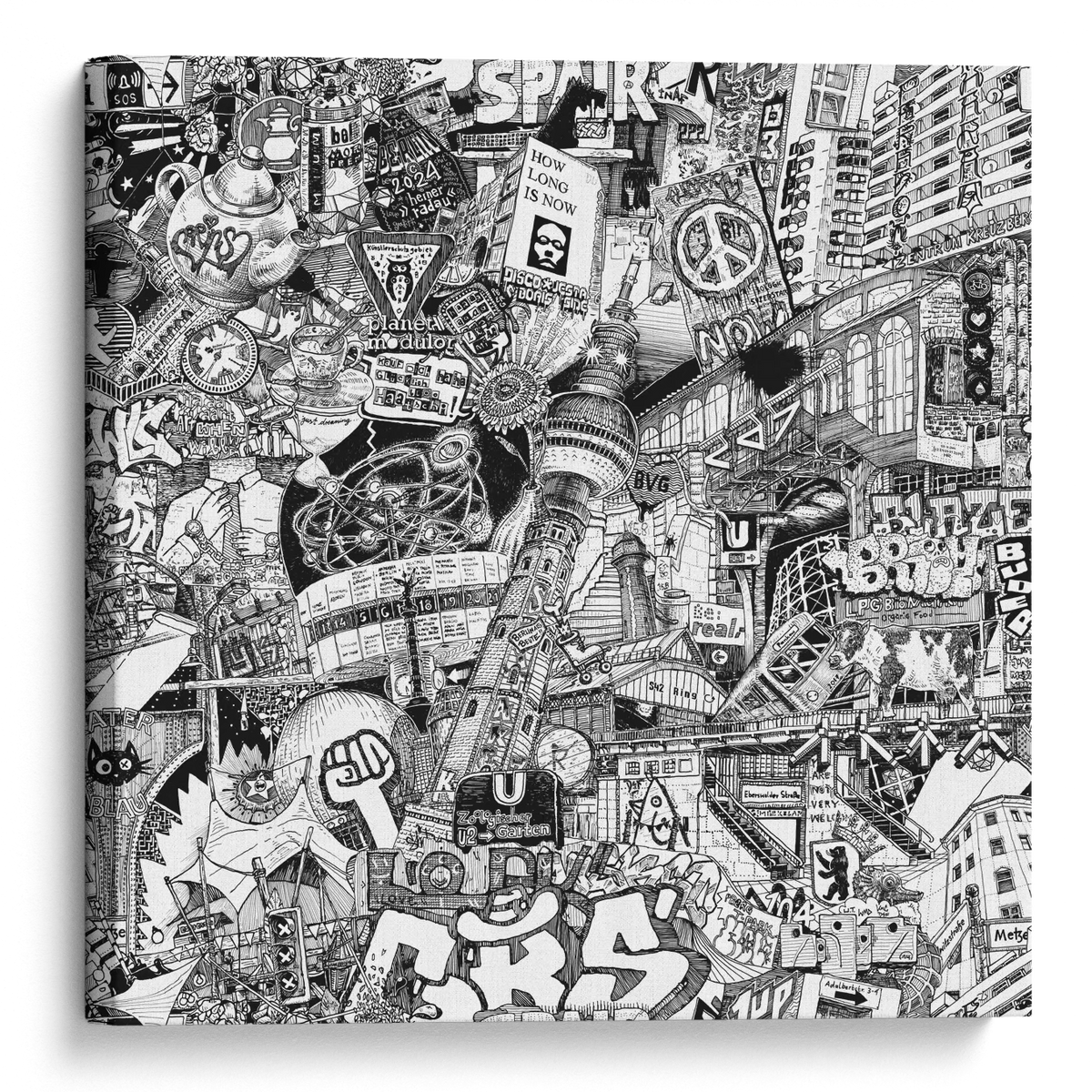 Black and white Berlin canvas print showing a hand-drawn city collage with Zentrum Kreuzberg, U2 Zoologischer Garten, Kater Blau, S42 Ring and street art details.