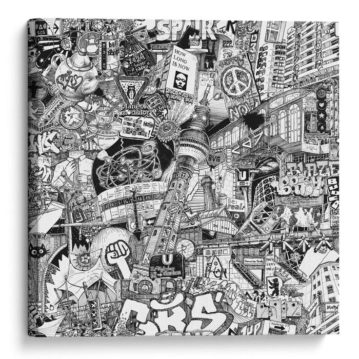 Black and white Berlin canvas print showing a hand-drawn city collage with Zentrum Kreuzberg, U2 Zoologischer Garten, Kater Blau, S42 Ring and street art details.