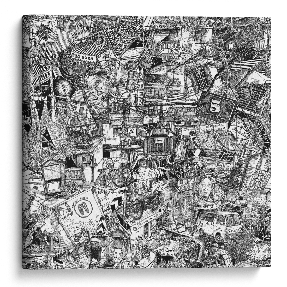 Hanoi canvas artwork, a hand-drawn black-and-white cityscape capturing motorbikes, street food stalls, power cables and buzzing Old Quarter street life.
