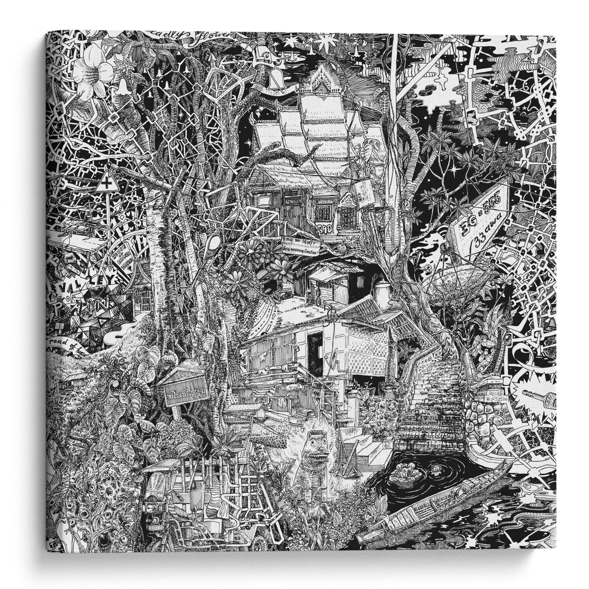 Hand-drawn Laos canvas of Luang Prabang in black and white, featuring temples, boats, lush jungle, and Laotian street art.