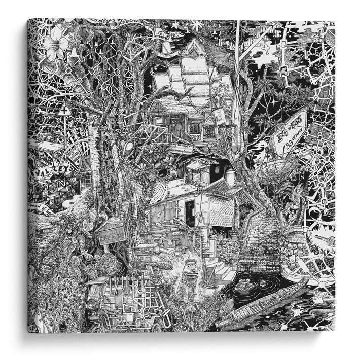 Hand-drawn Laos canvas of Luang Prabang in black and white, featuring temples, boats, lush jungle, and Laotian street art.
